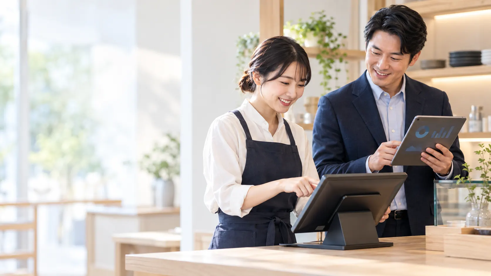 明るい店舗のカウンターでタブレットのレジを操作する店員と店長