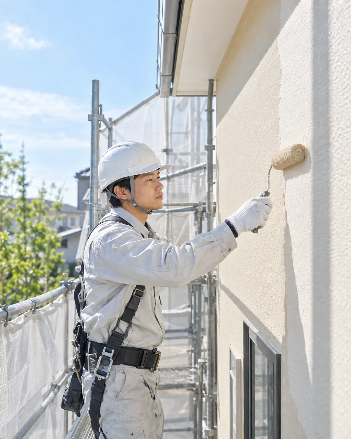 住宅の外壁を塗装する職人