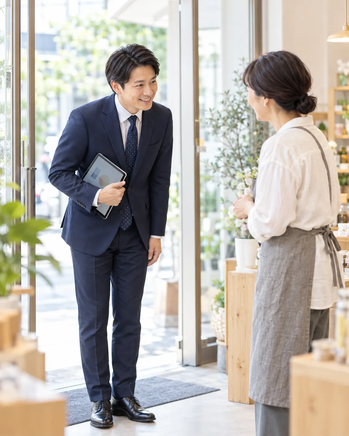 店先で店主にあいさつする営業担当者
