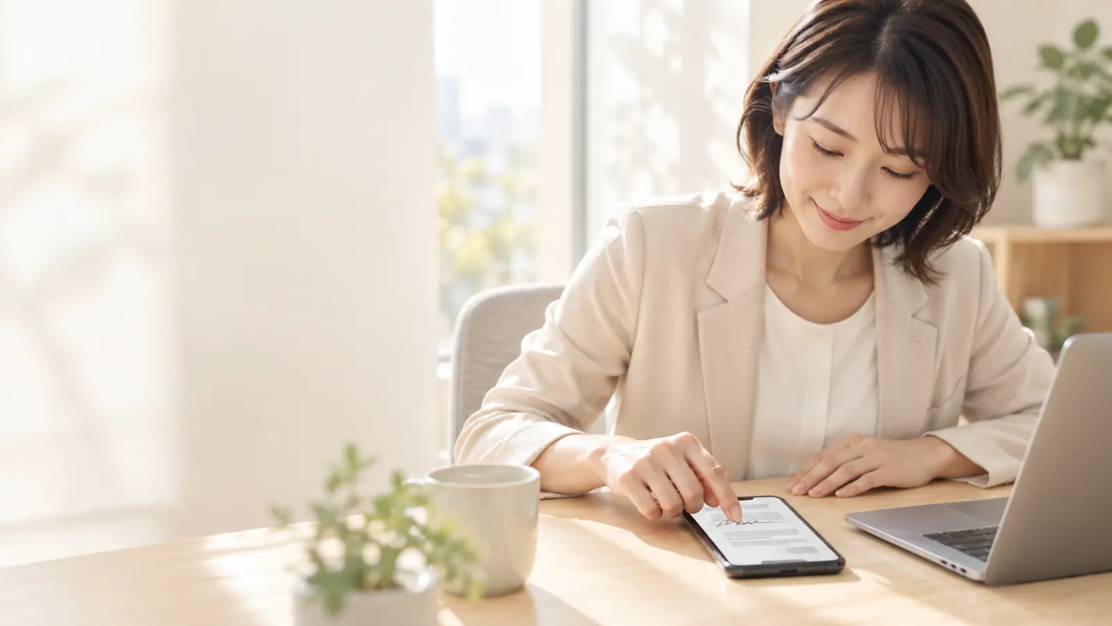 スマートフォンで契約書に署名する女性