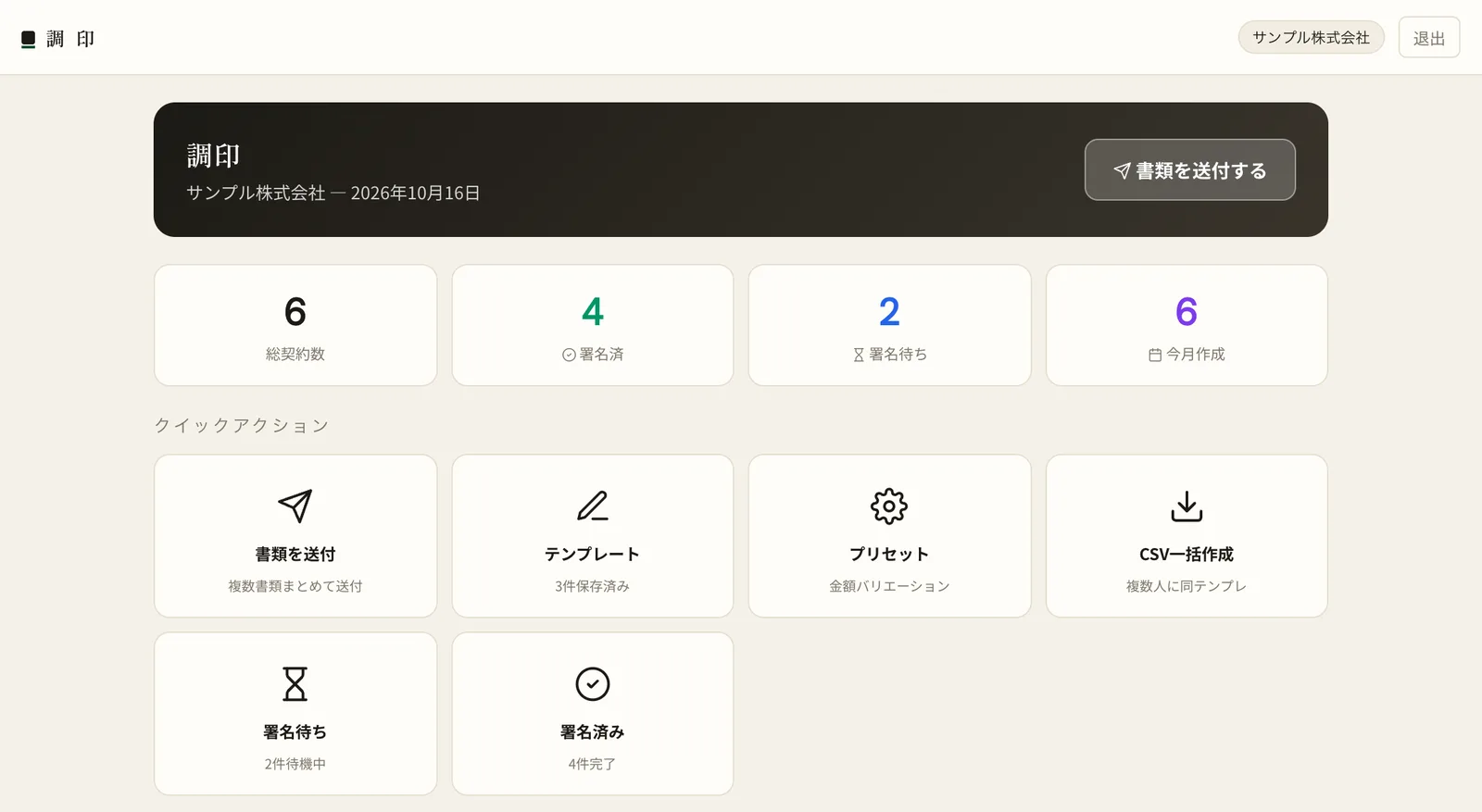 調印の管理画面のホーム。総契約数・署名済み・署名待ちの件数と、書類の送付やテンプレートのボタン
