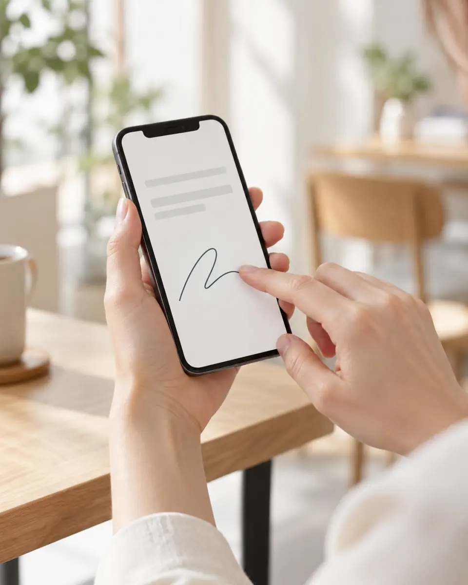 スマートフォンの画面に指で署名する手元